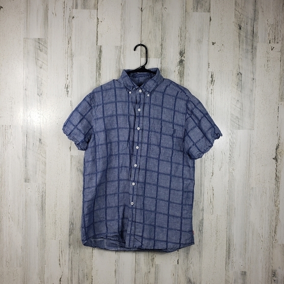 Mens izod 62% linen short sleeve blue button down shirt size large - Picture 1 of 9
